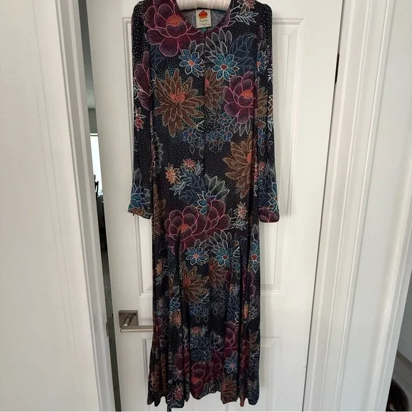 FARM Rio Blue Floral Dot Print Satin Maxi Dress - Long Sleeve, Size S - Picture 8 of 16